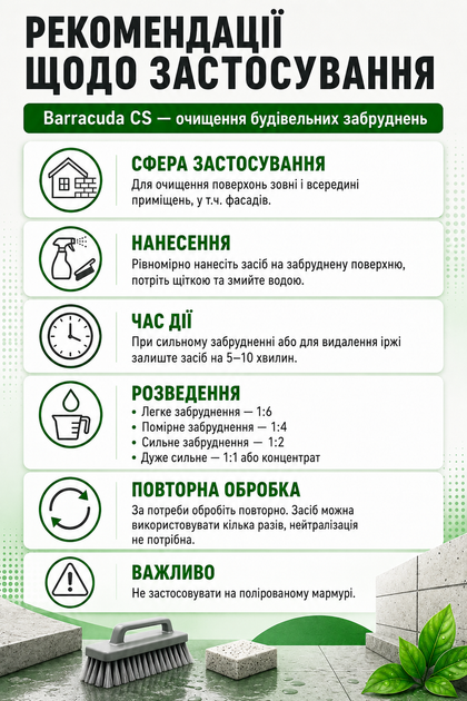 Засіб для видалення бетону, цементу, висолів, будівельних розчинів 1 л Barracuda CS - зображення 3