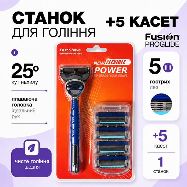 Бритвений станок Fast Shave ProGlide з 5 касетами, 5 лез, сумісний з Gillette Fusion ProGlide - Фото 1 Бритвений станок Fast Shave ProGlide з 5 касетами, 5 лез, сумісний з Gillette Fusion ProGlide - изображение 1