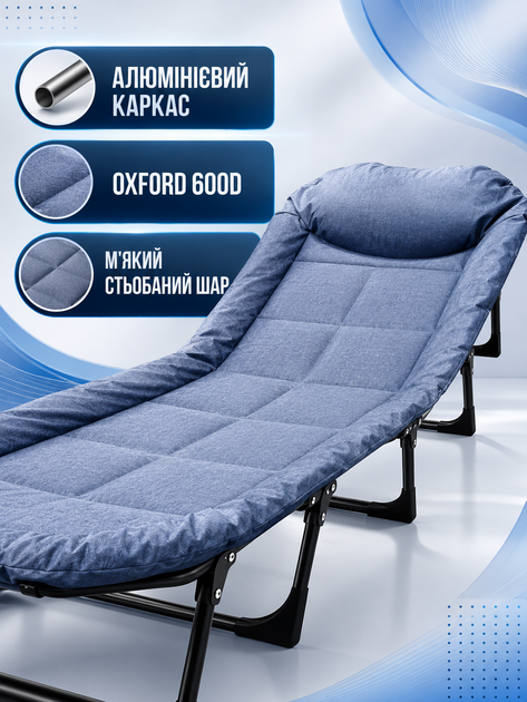Шезлонг садовый пляжный раскладной 66×200 см до 150 кг с подголовником, туристический лежак-раскладушка для дачи, кемпинга и отдыха, синий (49676106) - изображение 6