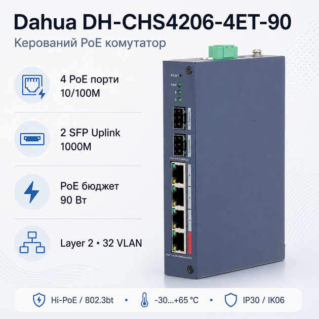 Коммутатор управляемый Dahua DH-CHS4206-4ET-90 настольный 6-портовый PoE 1–92 Вт - изображение 2