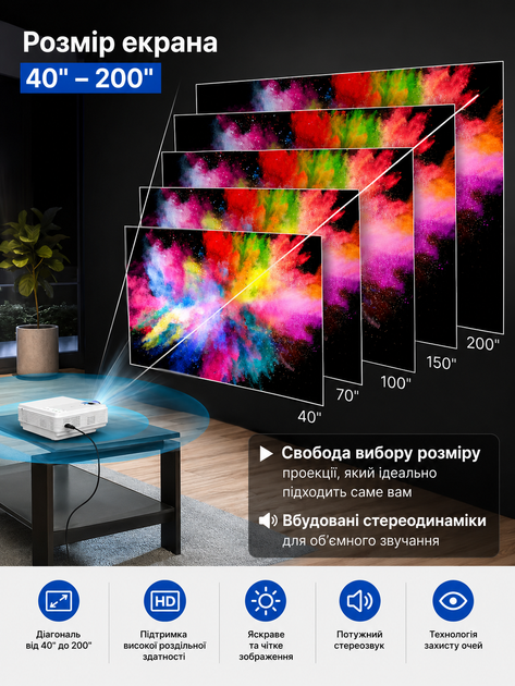 Проектор Full HD 1080p с Wi-Fi и Bluetooth 5.4 поддержка 4K для домашнего кинотеатра совместимый со смартфонами ноутбуками телевизорами - Фото 3 Проектор Full HD 1080p с Wi-Fi и Bluetooth 5.4 поддержка 4K для домашнего кинотеатра совместимый со смартфонами ноутбуками телевизорами - изображение 3
