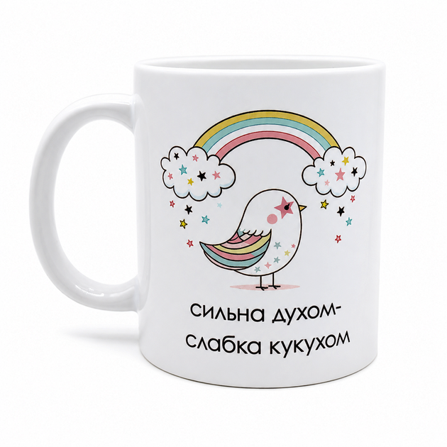 Прикольная чашка с надписью Сильная духом Слабая кукухом 330 мл - Фото 1 Прикольная чашка с надписью Сильная духом Слабая кукухом 330 мл - изображение 1