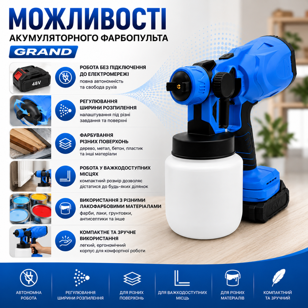 Аккумуляторный краскораспылитель GRAND 48 В, 200 Вт, электрический распылитель краски с баком объемом 800 мл, пистолет для окраски стен, потолков, мебели и дерева, производительность 1000 мл/мин - изображение 7