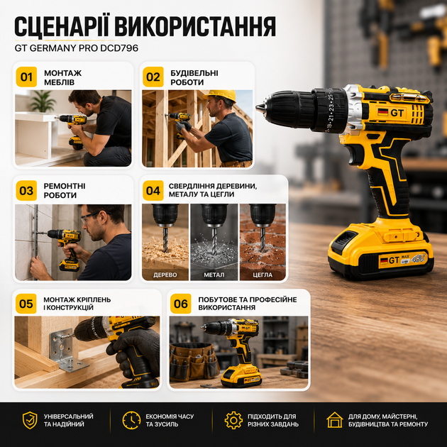 Ударный аккумуляторный шуруповерт GT Germany PRO DCD796 48 В 6,0 А·ч, бесщеточная дрель-шуруповерт с ударной функцией, 2 аккумулятора, крутящий момент 450 Нм, патрон 13 мм, чехол - Фото 8 Ударный аккумуляторный шуруповерт GT Germany PRO DCD796 48 В 6,0 А·ч, бесщеточная дрель-шуруповерт с ударной функцией, 2 аккумулятора, крутящий момент 450 Нм, патрон 13 мм, чехол - изображение 8