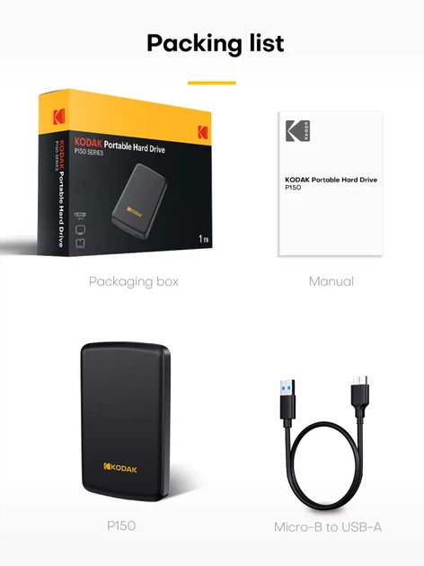 Жорсткий диск зовнішній Kodak P150 500GB 2.5" USB 3.2 External - Фото 2 Жорсткий диск зовнішній Kodak P150 500GB 2.5" USB 3.2 External - изображение 2