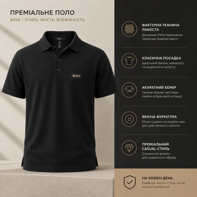 Футболка поло чоловіча BOSS чорна з турецької тканини лакоста преміальної якості XL (25-958-013_1) - зображення 4