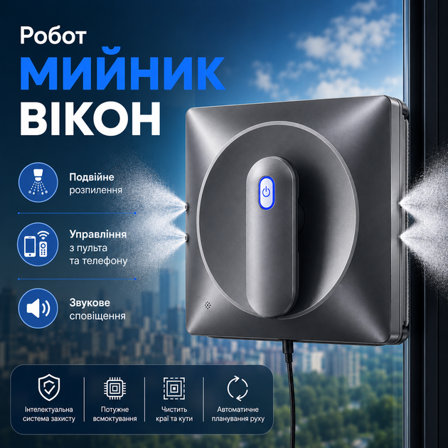 Автоматичний робот мийник вікон квадратний W34D з розпиленням води робот для миття вікон для миття скла з ефективним миттям віконний пилососи - зображення 2