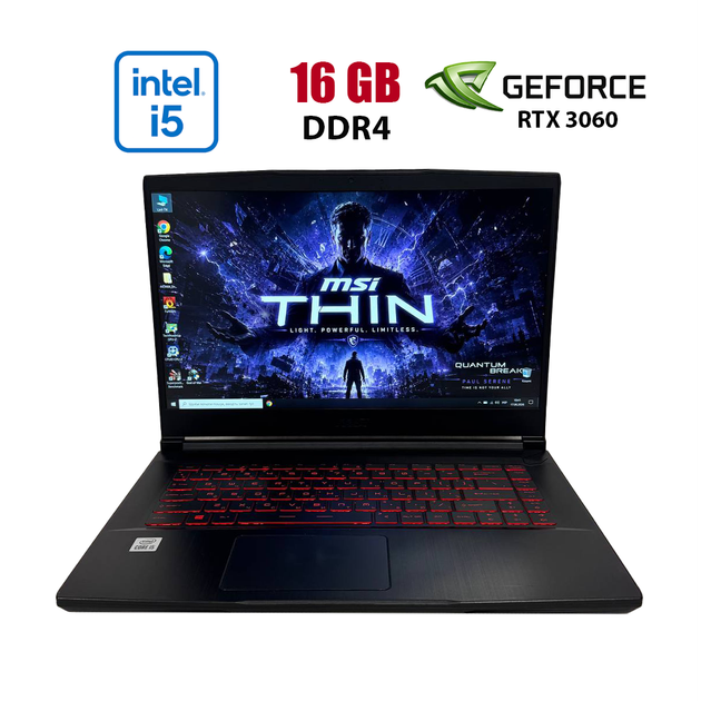 Игровой ноутбук Б-класс MSI GF65 Thin 10UE / 15.6" (1920x1080) IPS / Intel Core i5-10200H (6 (12) ядер по 2.5 - 4.5 GHz) / 16 GB DDR4 / 512 GB SSD / nVidia GeForce RTX 3060, 6 GB GDDR6, 192-bit / WebCam б/у - Фото 1 Игровой ноутбук Б-класс MSI GF65 Thin 10UE / 15.6" (1920x1080) IPS / Intel Core i5-10200H (6 (12) ядер по 2.5 - 4.5 GHz) / 16 GB DDR4 / 512 GB SSD / nVidia GeForce RTX 3060, 6 GB GDDR6, 192-bit / WebCam б/у - изображение 1