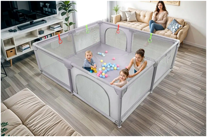 Детский манеж 180x200 см с шариками и ручками для игр и прогулок серый Harmony MC-0234 - изображение 2