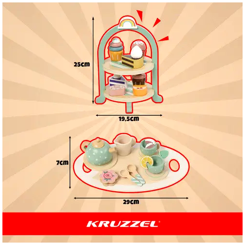 Детский деревянный чайник с подставкой для торта 15 предметов для игры Kruzzel MC-0180 - изображение 10