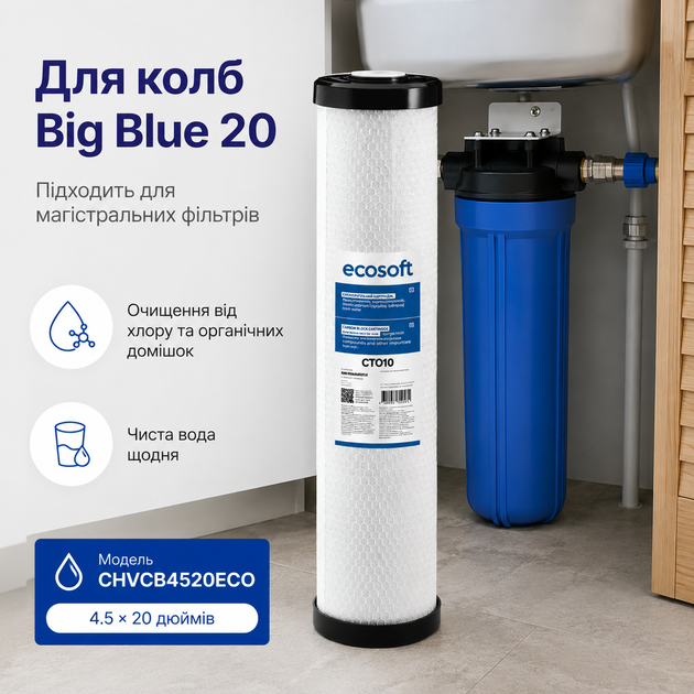 Брикетований вугільний картридж Екософт Big Blue 20 для очищення від хлору та органіки - Фото 4 Брикетований вугільний картридж Екософт Big Blue 20 для очищення від хлору та органіки - изображение 4