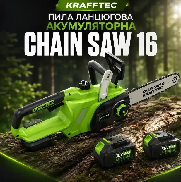 Пила цепная аккумуляторная CHAIN SAW 16 KRAFFTEC Салатовая - Фото 1 Пила цепная аккумуляторная CHAIN SAW 16 KRAFFTEC Салатовая - изображение 1