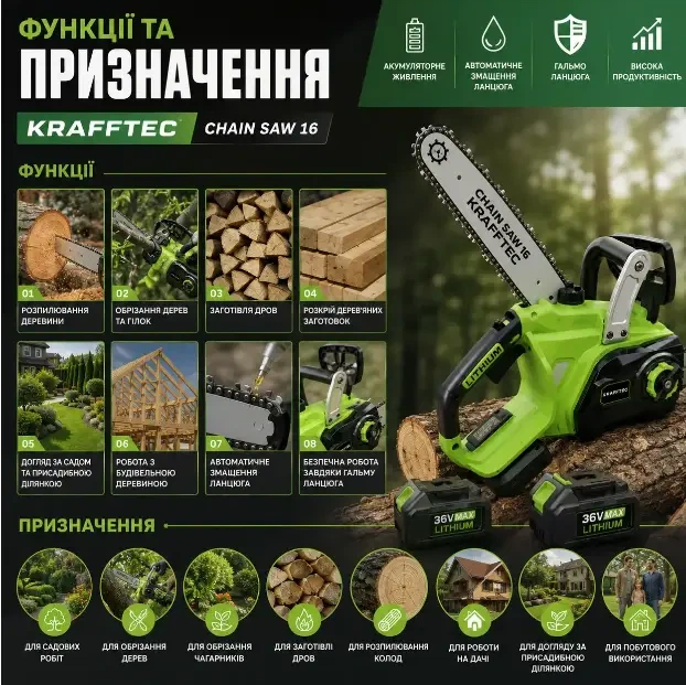 Пила цепная аккумуляторная CHAIN SAW 16 KRAFFTEC Салатовая - Фото 4 Пила цепная аккумуляторная CHAIN SAW 16 KRAFFTEC Салатовая - изображение 4