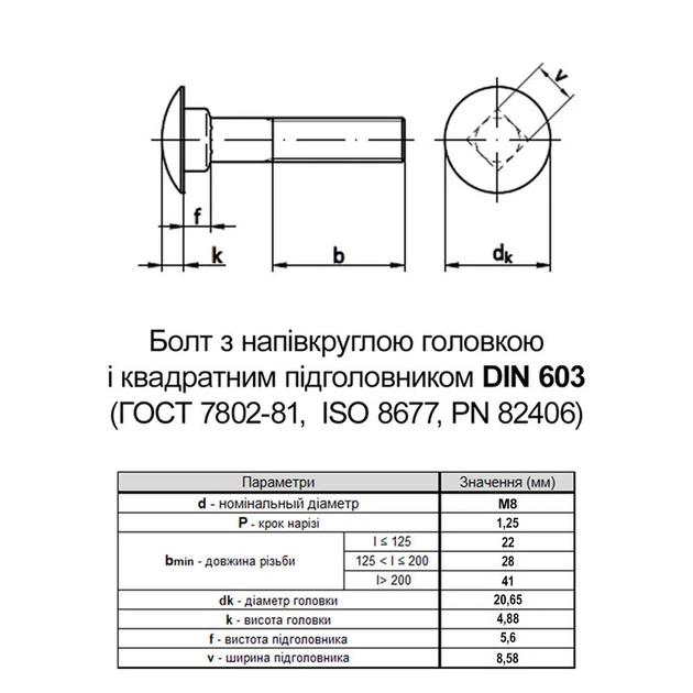 Болт полукруглая головка. квадратный подголовник DIN603 М8x45 нержавеющая сталь частичная резьба L22 (10шт.) [N5V00000N5V0804500] Metalvis - изображение 2