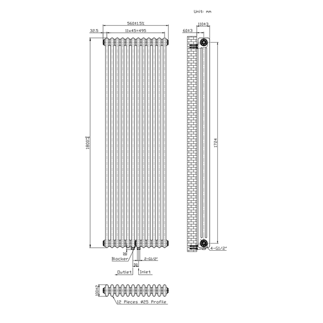 Дизайнерский радиатор Warm Well Column 3 1800×560 вертикальный, черный матовый - изображение 5