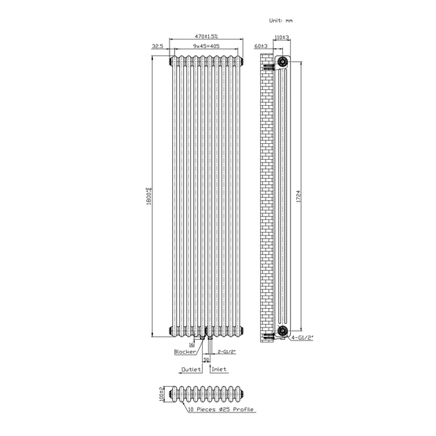 Дизайнерский радиатор Warm Well Column 3 1800×470 вертикальный, черный матовый - изображение 5