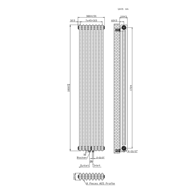Дизайнерский радиатор Warm Well Column 3 1800×380 вертикальный, белый глянцевый - изображение 5