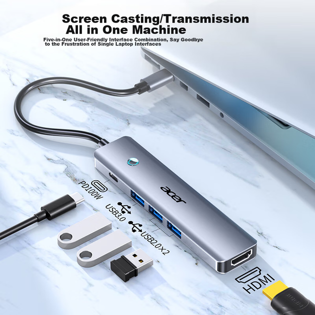 Док-станція розширення Acer Type-C, концентратор USB 3.0, адаптер HDMI, дублювання екрана 4K60Hz, зарядка PD, підходить для iPad, конвертер для комп'ютерів Huawei, Five-I - изображение 4