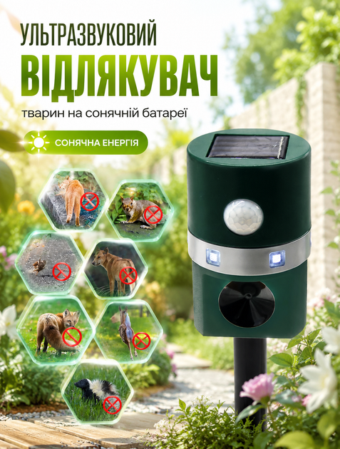 Ультразвуковий відлякувач тварин для саду і городу із сонячною панеллю та датчиком руху автономна робота до 650 кв. м IP44 - зображення 3