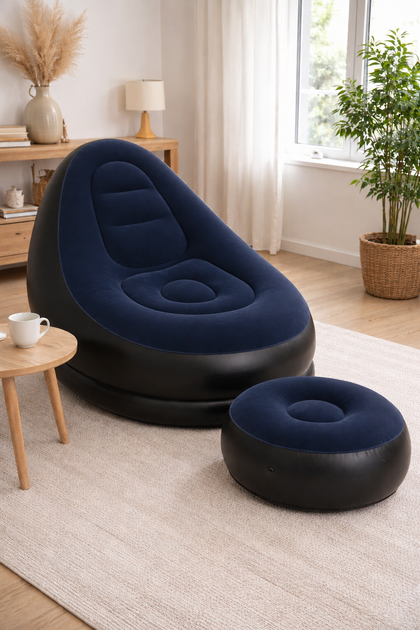 Велюрове надувне крісло з пуфом темно синє зручний диван Air Sofa для відпочинку вдома дачі та на природі Темно синій (386201) - Фото 2 Велюрове надувне крісло з пуфом темно синє зручний диван Air Sofa для відпочинку вдома дачі та на природі Темно синій (386201) - зображення 2