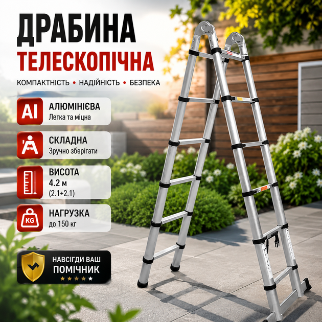 Лестницы 4.2 м Стремянка для квартиры (Удобная лестница) Лестница раскладная телескопическая алюминиевая (Лесенка-трансформер) - Фото 1 Лестницы 4.2 м Стремянка для квартиры (Удобная лестница) Лестница раскладная телескопическая алюминиевая (Лесенка-трансформер) - изображение 1