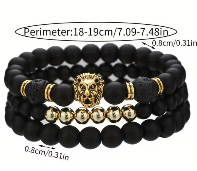 Комплект браслетів з натуральних каменів з левом Set with Lion Head чорний із золотистим - Фото 4 Комплект браслетів з натуральних каменів з левом Set with Lion Head чорний із золотистим - зображення 4