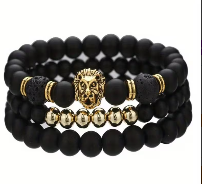 Комплект браслетів з натуральних каменів з левом Set with Lion Head чорний із золотистим - Фото 5 Комплект браслетів з натуральних каменів з левом Set with Lion Head чорний із золотистим - зображення 5