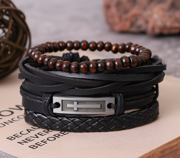 Набір із 4 шт. багатошаровий браслет з плетеної штучної шкіри Cross Bracelet Set - изображение 5