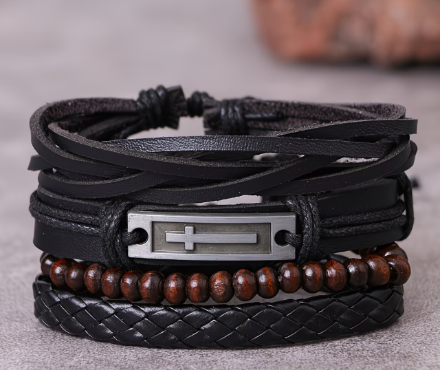 Набір із 4 шт. багатошаровий браслет з плетеної штучної шкіри Cross Bracelet Set - изображение 7