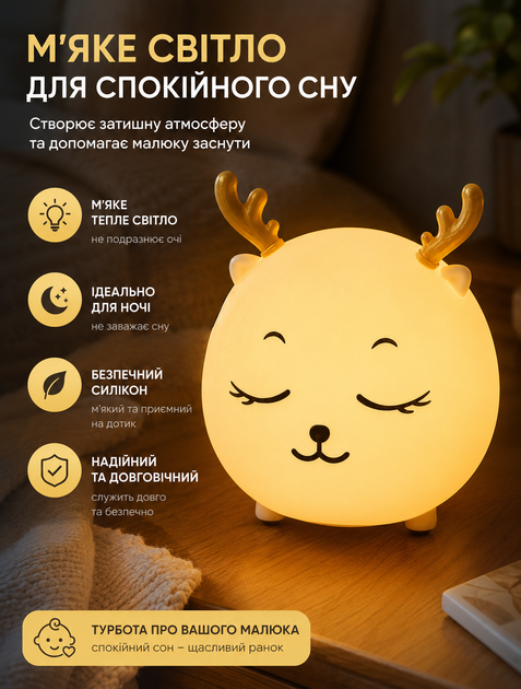 Силиконовый ночник "Спящий Оленёнок" с сенсорным выключателем и аккумулятором, USB зарядка, мягкий свет, 1,5 Вт для детской комнаты - изображение 3
