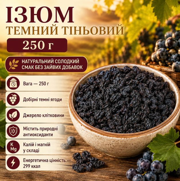 Ізюм темний тіньовий 250 г натуральний добірний сушений виноград без кісточок - Фото 1 Ізюм темний тіньовий 250 г натуральний добірний сушений виноград без кісточок - зображення 1