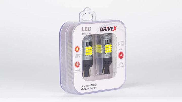 Світлодіоди в габаритні вогні. Підсвітку номера та салона DriveX Glow FAN1 T20(2) 9-48V 30W CAN 3000Lm 7443/W21/5W base-16mm EU к-т. - изображение 2