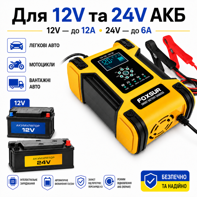 Зарядное устройство Foxsur FBC122412D 12V 12A / 24V 6A для АКБ авто, импульсное 7-ступенчатое с Repair - изображение 2