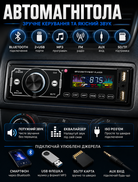 Автомагнитола 1DIN Sound Box для автомобиля с сенсорным 3-дюймовым дисплеем Bluetooth 4×50 Вт RCA 2 USB SD пульт ДУ - изображение 2