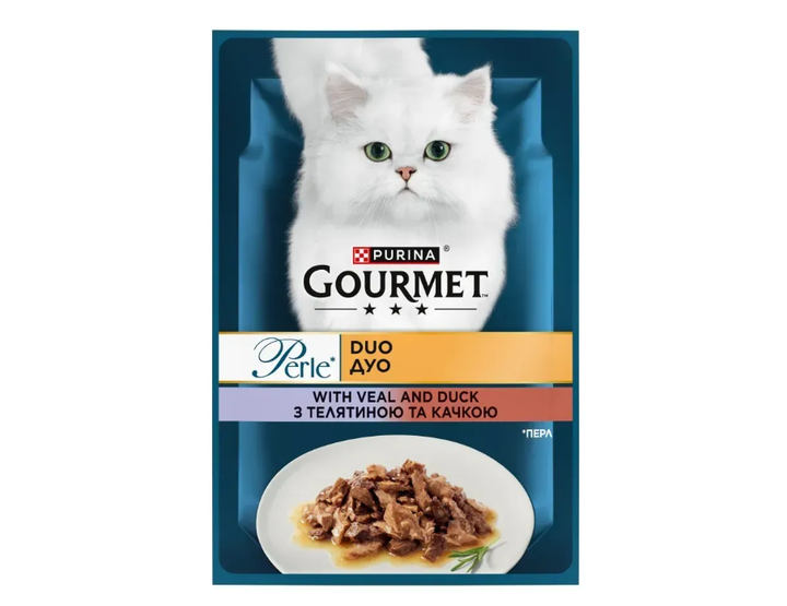 Вологий корм для котів Gourmet Perle Duo 85 г - телятина та качка - Фото 1 Вологий корм для котів Gourmet Perle Duo 85 г - телятина та качка - зображення 1