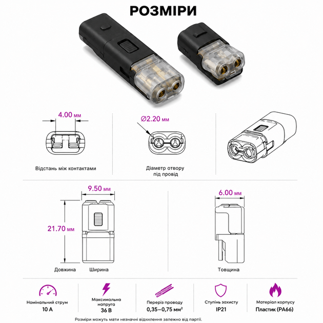 Коннектор для проводов разъемный 2 Pin 10A 36V 0,35–0,75 мм², 25 пар (50 шт.) - Фото 4 Коннектор для проводов разъемный 2 Pin 10A 36V 0,35–0,75 мм², 25 пар (50 шт.) - изображение 4