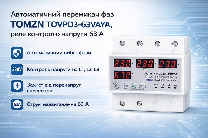 Перемикач фаз автоматичний TOMZN TOVPD3-63VAYA реле контролю напруги 63 А - Фото 1 Перемикач фаз автоматичний TOMZN TOVPD3-63VAYA реле контролю напруги 63 А - зображення 1