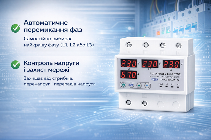 Перемикач фаз автоматичний TOMZN TOVPD3-63VAYA реле контролю напруги 63 А - Фото 2 Перемикач фаз автоматичний TOMZN TOVPD3-63VAYA реле контролю напруги 63 А - зображення 2