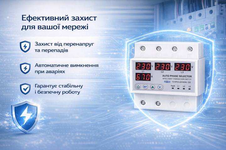 Перемикач фаз автоматичний TOMZN TOVPD3-63VAYA реле контролю напруги 63 А - Фото 3 Перемикач фаз автоматичний TOMZN TOVPD3-63VAYA реле контролю напруги 63 А - зображення 3