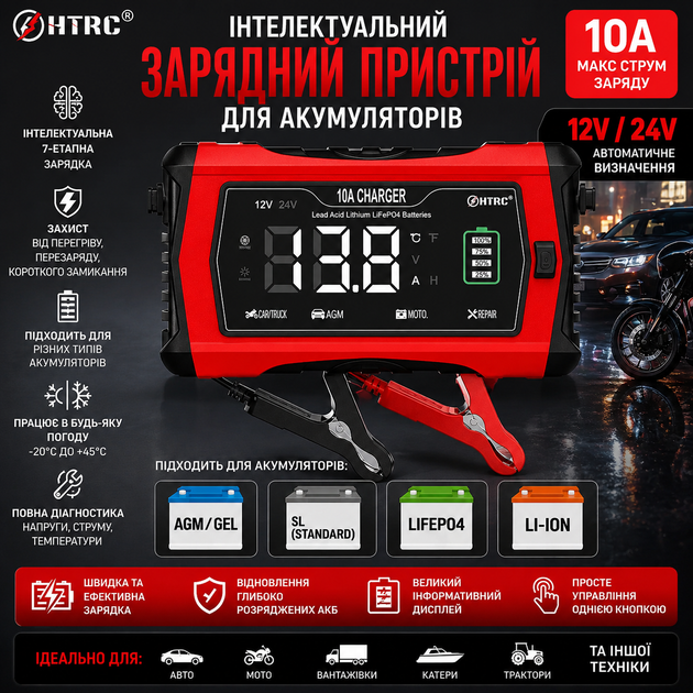 Зарядное устройство HTRC для АКБ авто мото та LiFePO4 10 А 12/24 В (1012) - изображение 2