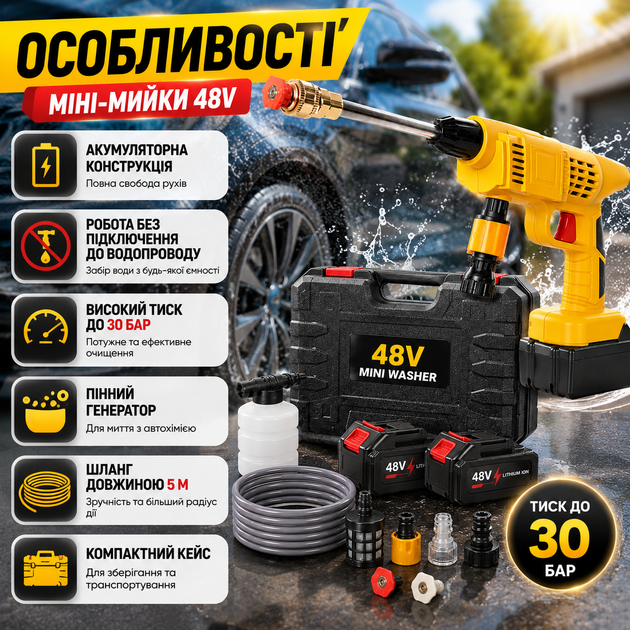 Портативная аккумуляторная мини-мойка высокого давления 48 В с двумя аккумуляторами, беспроводной аппарат для мытья автомобиля, велосипеда, мотоцикла, окон, садовой мебели, плитки и дорожек, пеногенератор, шланг 5 м, чехол - изображение 4