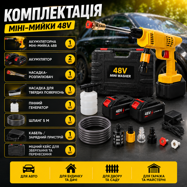 Портативная аккумуляторная мини-мойка высокого давления 48 В с двумя аккумуляторами, беспроводной аппарат для мытья автомобиля, велосипеда, мотоцикла, окон, садовой мебели, плитки и дорожек, пеногенератор, шланг 5 м, чехол - изображение 6