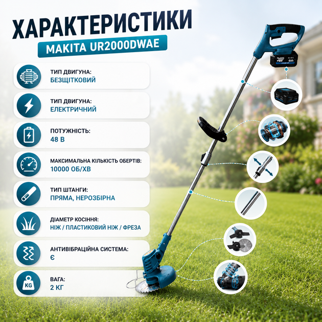 Аккумуляторный триммер Makita UR2000DWAE 48 В с двумя аккумуляторами по 6 А·ч, бесщеточная электрокоса для стрижки травы, сорняков и кустарников, садовая мотокоса с дисками, ножами и зарядным устройством - изображение 6