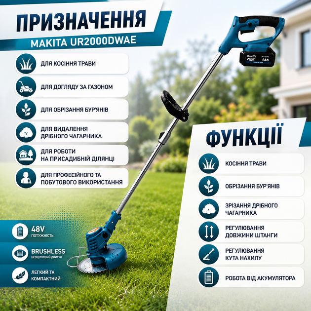 Аккумуляторный триммер Makita UR2000DWAE 48 В с двумя аккумуляторами по 6 А·ч, бесщеточная электрокоса для стрижки травы, сорняков и кустарников, садовая мотокоса с дисками, ножами и зарядным устройством - изображение 7