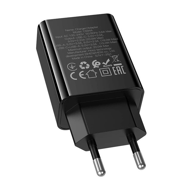Мережевий зарядний пристрій Hoco CS94A 20 Вт USB-C+USB-A PD/QC чорний - изображение 7