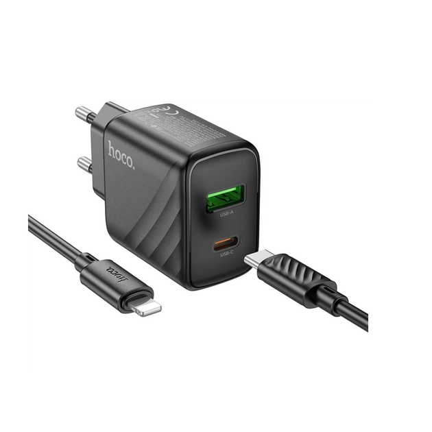 Мережевий зарядний пристрій Hoco CS23A USB / USB PD / QC 30W + Type-C to Lightning, Black 75394 - Фото 1 Мережевий зарядний пристрій Hoco CS23A USB / USB PD / QC 30W + Type-C to Lightning, Black 75394 - изображение 1