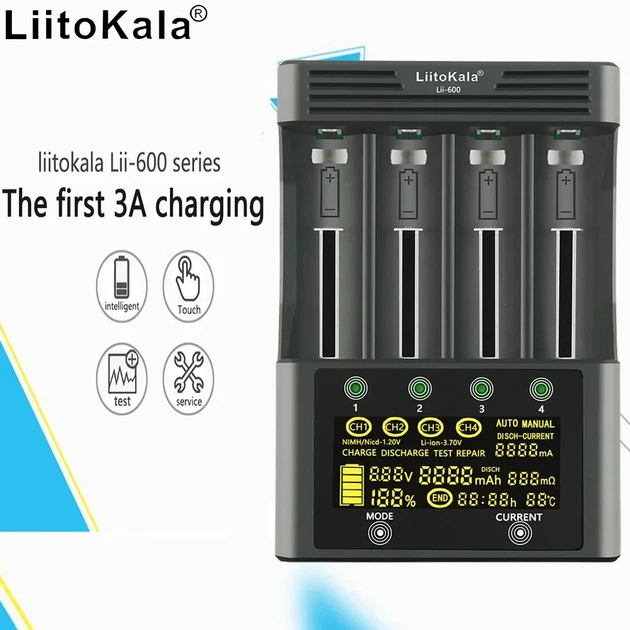 Зарядний пристрій LiitoKala Lii-600 з адаптером проти прикурювача, для акумуляторів АА, ААА, 18650, 21700, 26650 Li-ion, Ni-MH, Ni-Cd (19416) - зображення 9