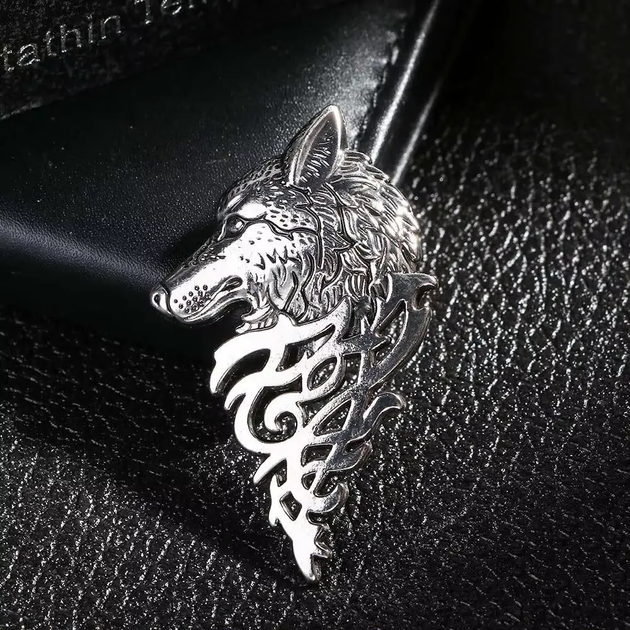 Мужская брошь WOLF булавка в виде головы волка серебристая - изображение 3
