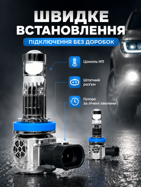 LED лампи H11 з лінзами для автомобільних фар 4000 лм 5000K з термоконтролем та легкою установкою - зображення 8