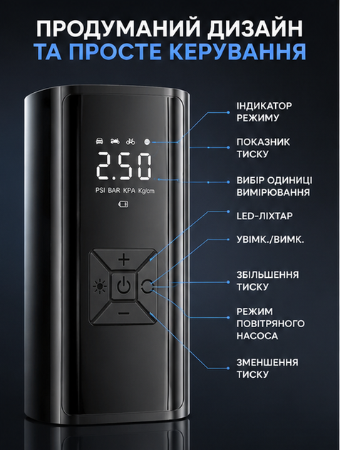 Автомобильный компрессор для шин с цифровым дисплеем и автоотключением 120 Вт 150 PSI для быстрой накачки колес - изображение 4